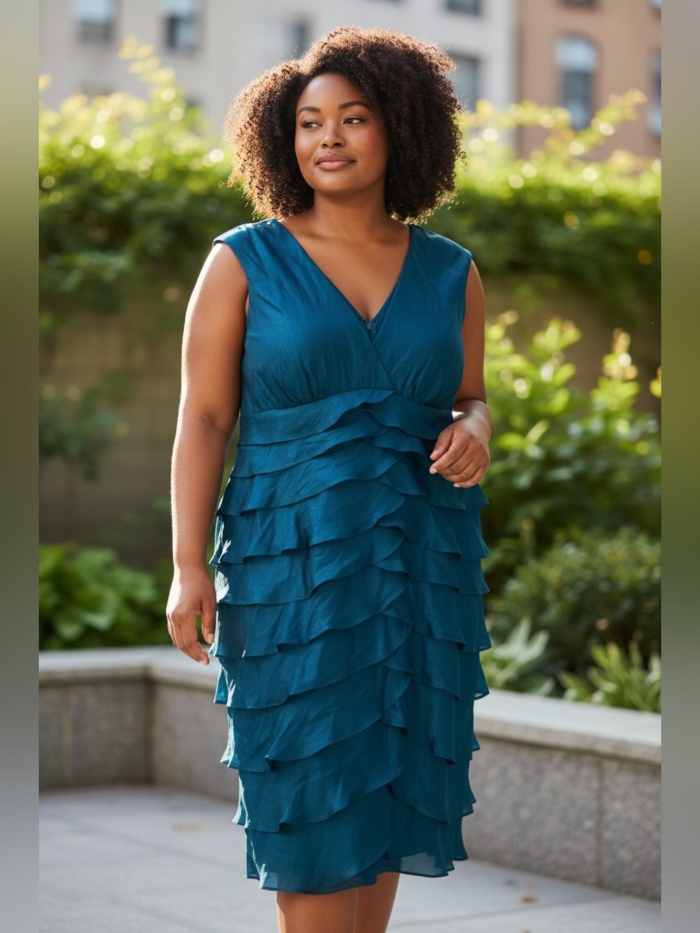 dressbarn Collection Teal V-Neck Tiered Midi Dress